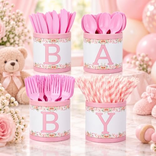 Domensi 204 Pcs Baby Shower Disposable Cutlery Set Utensil Holders, Pink by Domensi