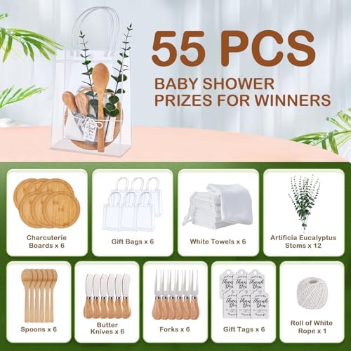 55Pcs Baby Shower Prizes for Game Winners 6 Sets Cheese Board Spoon Fork Butter Spreaders Plaid Towel Thank You Card and Gift Bags for Baby Shower Wedding Bridal Shower Favors (Round Shaped) - Image 2