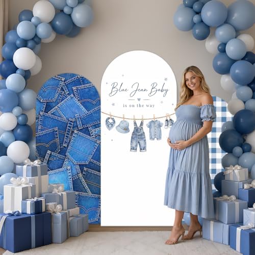 3PCS Blue Jean Baby Shower Arch Backdrop Cover 4ft 5ft 6ft Stretchy Spandex A Blue Jean Baby is on the Way Backdrop for Denim Baby Shower Gender Reveal Decorations Party Supplies Photo Props - Image 5