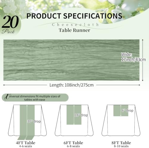 20 Pack Sage Green Cheesecloth Table Runner, 17x108 Inch Semi Sheer Boho Gauze Cheese Cloth Fabric Table Runners for Wedding Party Baby Shower Birthday Garden Farmhouse Table Decor - Image 2