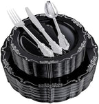DaYammi 150 Pcs Black Silver Plastic Plates & Silver Plastic Silverware,Black silver Disposable plates for Include 30 Dinner Plate,30 Dessert Plate,30 Knives,30 Forks,30 Spoons for Party Wedding by DaYammiwillaccompanyyou