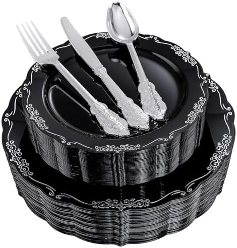 DaYammi 150 Pcs Black Silver Plastic Plates & Silver Plastic Silverware,Black silver Disposable plates for Include 30 Dinner Plate,30 Dessert Plate,30 Knives,30 Forks,30 Spoons for Party Wedding by DaYammiwillaccompanyyou