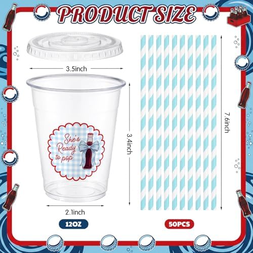 Willinglong 50pcs She's Ready to Pop Baby Shower 12 oz Plastic Cups (Blue) - Image 3