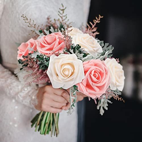 100 Pcs Artificial Rose Flowers, Pink, Champagne - Image 5