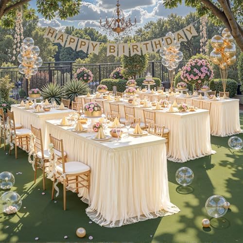 Champagne Table Cloth Rectangle 6ft Stretch Fitted Tulle Tablecloth Spandex Rectangular Table Cover with Ruffle Skirt for Wedding Baby Shower Birthday Party Banquet Cake Dessert Table Decor - Image 2