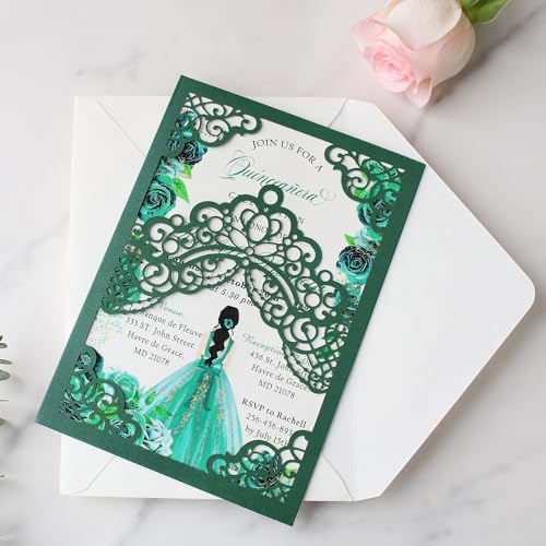 Hosmsua 50PCS Personalized Emerald Green Quinceanera Invitations Kit, 5.1x7.3 Inch Laser Cut Floral Crown Pocket Quinceanera Invitation Cards with Envelopes for Birthday Quince Anos Invite - Image 5
