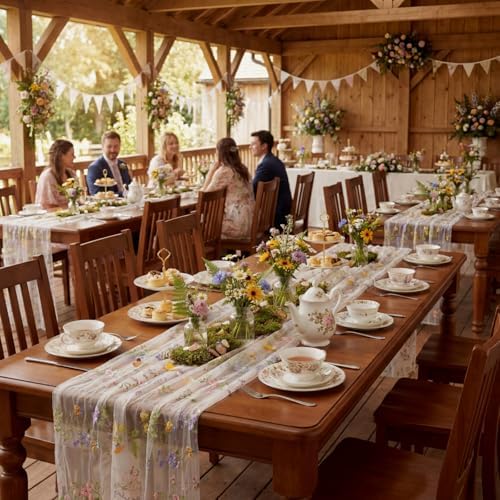 Ivory White Floral Table Runner 10ft Embroidery Tulle Wildflower - Image 5
