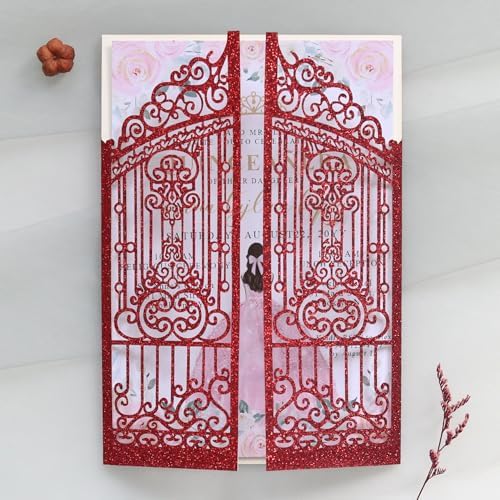 50Pcs Laser Cut Glitter Invitation Card Pocket, Glitter Red - Image 3