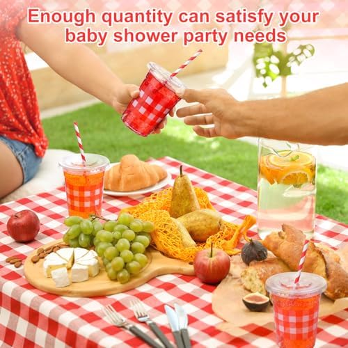 Sliner 50 Sets 16oz Red White Gingham Party Plastic Cups - Image 4