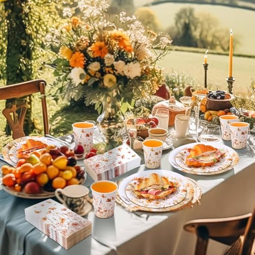 400 Pcs Fall Wild Floral Disposable Paper Plates Napkins Cups Serve 50 Floral Tableware Set for Autumn Thanksgiving Harvest Wedding Tea Party Decoration Bridal Shower Baby Shower - Image 5