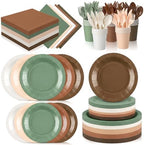 Mimorou 175 Pcs Green Brown Plates Cups Napkins Utensils Woodland by Mimorou