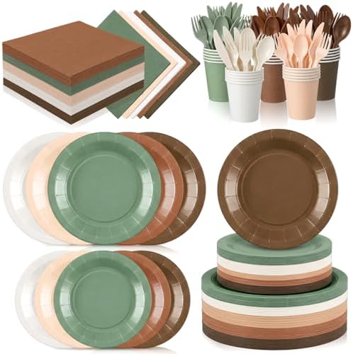 Mimorou 175 Pcs Green Brown Plates Cups Napkins Utensils Woodland by Mimorou