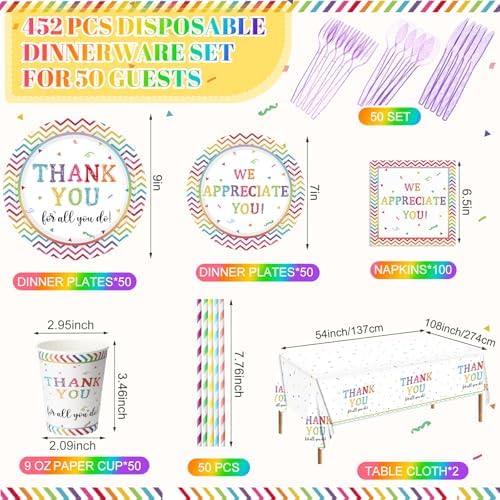 Funnymoom 452 Pcs Thank You Party Decorations for 50, We Appreciate You Paper Plates Napkins Cups Tablecloth Cutlery Straws for Employee Staff Housekeeping Week Pastor Appreciation Party Supplies - Image 2