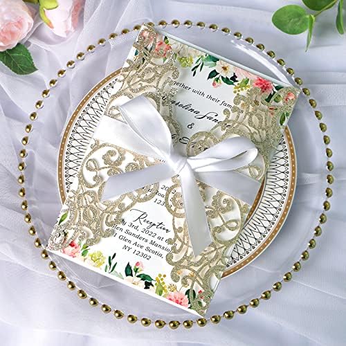 ponatia 25PCS 5.12 x 7.1 '' Champagne Glitter Laser Cut Wedding Invitations Cards with Envelopes for 5x7 Invitation Cards Wedding Baby Bridal Shower Engagement Sweet 16 Birthday Invite - Image 2