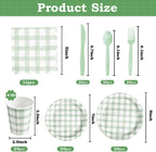 168Pcs Gingham Party Supplies for 24 Guests Thick Paper Plates and Napkins Knives Spoons Forks Cups Disposable Party Set Cutlery for Dinner Baby Shower Wedding Favor(Sage Green) - Image 2