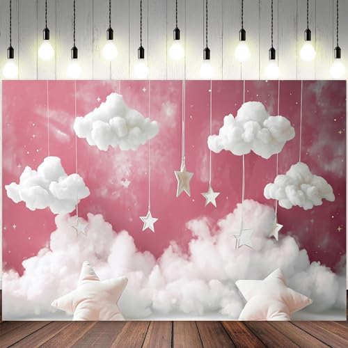 10x6.5ft Cloud Backdrop Sky Starry Star White Pink Photography Background Baby Shower Banner for Girl Baby Birthday Party Decoration Newborn Photoshoot Prop Cake Smash Photo Booth Prop - Image 2