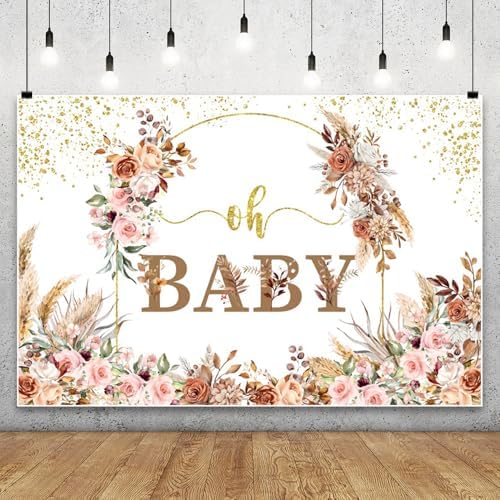 12x8FT Baby Shower Backdrop Oh Baby Sign Boho Pampas Grass Floral Wreath Background for Boys Girls Kids Gender Reveal Party Decorations Family Photo Booth Props by RiePoiia