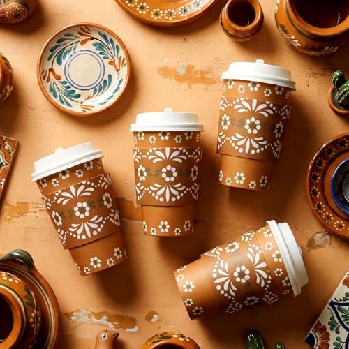 100 Sets 12oz Cielito Lindo Cups Mexican Paper Cup Copas De Barro Disposable Fiesta Coffee Drink Mug with Lid Sleeve for Baby Shower Birthday Wedding Party Supply Cafe Shop Decoration - Image 2