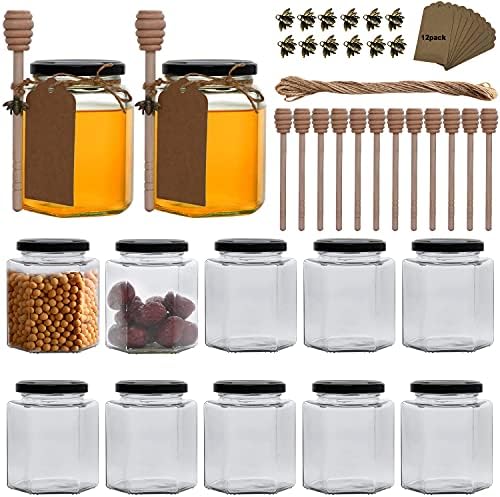 12 Pack 16 oz Hexagon Glass Honey Jars with Black Lids by Woaiwo-q