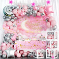 Hombae Twinkle Twinkle Little Star Baby Shower Decorations, Moon and Stars Baby Shower Decorations Backdrop Balloon Glitter Banner Tablecloth Cake Topper Sash for Space Party Supplies Pink Silver by Hombae