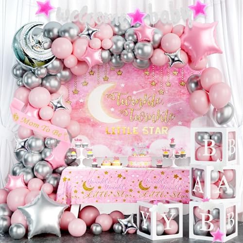 Hombae Twinkle Twinkle Little Star Baby Shower Decorations, Moon and Stars Baby Shower Decorations Backdrop Balloon Glitter Banner Tablecloth Cake Topper Sash for Space Party Supplies Pink Silver by Hombae