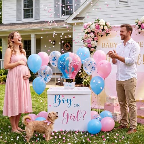 28in Extra Large Gender Reveal Gift Box with Big Hot Air Foil Balloon and 12in Pink Blue Balloon Set Jumbo Giant Gift Box Decoration Kit with Boy or Girl Theme Stickers - Image 5