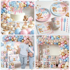 Bear Gender Reveal Decorations All-in-1 He or She Gender Reveal Decorations with Pink Blue Balloon Arch Baby Boxes Tableware Cake Toppers Tablecloth Backdrop Boy or Girl Bear Theme Party Supplies - Image 6