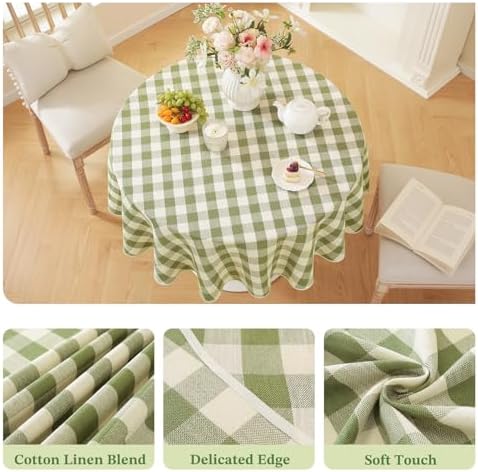 Laolitou Spring Green Gingham Tablecloth Round Tables Checkered Buffalo Plaid Table Cloth Cotton Linen Farmhouse Tablecloths Washable Wrinkle Free for Picnic Kitchen, 60", 2-4 Seats - Image 3