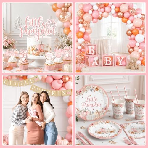 Pink Little Pumpkin Baby Shower Decorations Girl, All-in-1 Boho A Sweet Little Pumpkin is On The Way Balloon Arch with Baby Boxes Plates Napkins Cake Toppers Tablecloth Backdrop for Fall Thanksgiving - Image 7