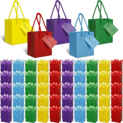 Sherr 200 Pcs Mini Gift Bags Bulk, Extra Small Kraft Paper Bag with Tissue Paper,Card, Handle, 4x2.8x4.5 Tiny Little Gift Box for Birthday, Party Favor, Wedding, Baby Showers, Business (Colorful) by Sherr