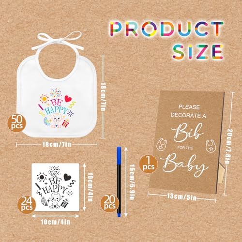 SytuHe 95 Pcs DIY Baby Bibs Decorating Kit50 White Bibs 24 Stencils 20 Fabric Markers 1 Baby Shower Game Sign - Image 2