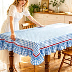 JarThenaAMCS Gingham Ruffle Tablecloth with Red Rick Rack Blue White Plaid Cotton Table Cloth Decorative Rectangle Farmhouse Table Cover for 4th of July Home Kitchen Party Decoration, 55 x 70 Inch - Image 6