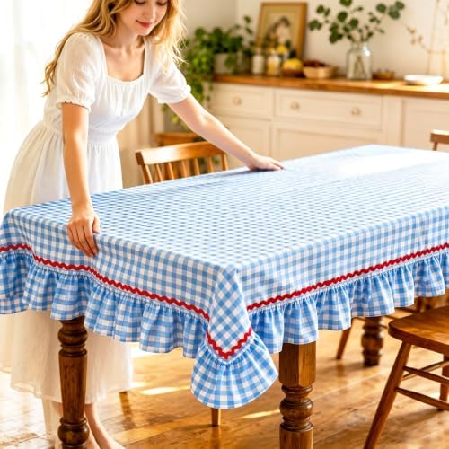 JarThenaAMCS Gingham Ruffle Tablecloth with Red Rick Rack Blue White Plaid Cotton Table Cloth Decorative Rectangle Farmhouse Table Cover for 4th of July Home Kitchen Party Decoration, 55 x 70 Inch - Image 6