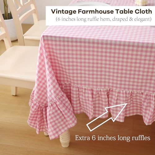 Pink White Gingham Ruffled Table Cloth Rectangular 120“x60” - Image 5
