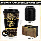 Whaline 50 Pcs 16 Oz Happy New Year Disposable Coffee Cups with Lids and Sleeves Black-Gold Firework Paper Drinking Cup for Chinese Spring Festival Party Supplies - Image 2