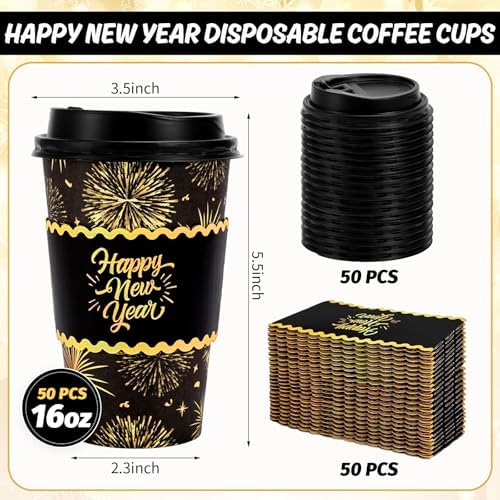 Whaline 50 Pcs 16 Oz Happy New Year Disposable Coffee Cups with Lids and Sleeves Black-Gold Firework Paper Drinking Cup for Chinese Spring Festival Party Supplies - Image 2