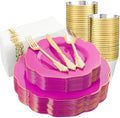 NOCCUR 175PCS Hot Pink Plastic Plates with Gold Disposable Silverware - Include 50 Hot Pink Plates,25 Knives,25 Forks,25 Spoons,25 Cups and 25 Napkins - Ideal for Party/Wedding/Banquet by NOCCUR