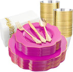 NOCCUR 175PCS Hot Pink Plastic Plates with Gold Disposable Silverware - Include 50 Hot Pink Plates,25 Knives,25 Forks,25 Spoons,25 Cups and 25 Napkins - Ideal for Party/Wedding/Banquet by NOCCUR