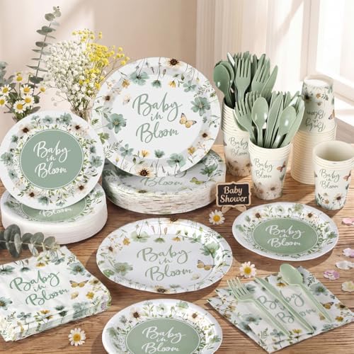 Funnymoom 400 Pcs Baby in Bloom Party Supplies for 50 Guests Green Floral Baby Shower Paper Plates and Napkins Knives Spoon Fork Cup Disposable Wildflower Dinner Party for Spring Greenery Favor - Image 5