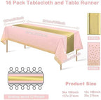 16Pack Disposable Plastic Tablecloths and Satin Table Runner Set Pink and Gold Dot Tablecloth Gold Satin Table Runner for Wedding Birthday Baby Shower Anniversary Christmas New Year Party Supplies - Image 2