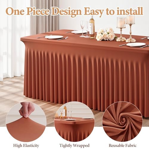 6 Packs Terracotta Spandex Table Cloths 8 Foot, Fitted Stretch Table Cover with Skirt 30x96 Inch, Wrinkle-Free Floor Length Tablecloths Rectangular for Weddings Parties Banquets Events Decorations - Image 2