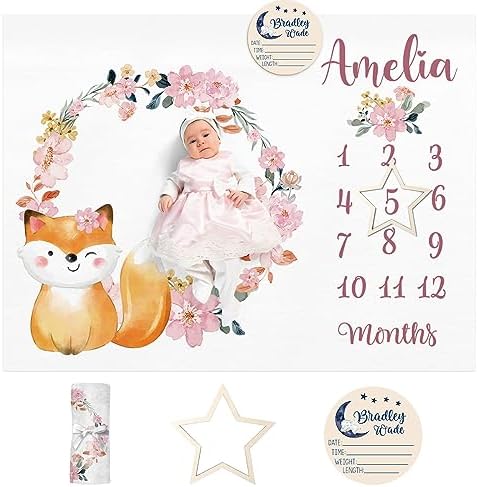 Personalized Baby Monthly Milestone Blanket Boy or Girl - Fox Months Blanket with Wood Frame and Newborn Wooden Sign - Growth Chart Milestone Blanket 1-12 Month Milestones by Dyoart
