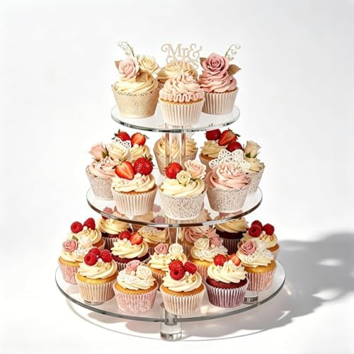 3 Tier Cupcake Stand, 4mm Thick Heavy Duty Acrylic Dessert Table Display Trays, 10" 8" 6" Round Cupcake Holder Decorative Bakery Tower for Wedding, Party, Baby Shower, Event by EffiQ-Rate