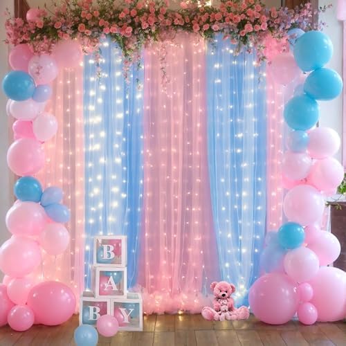 Pink and Blue Backdrop Curtains with Lights String for Baby Shower Sheer Tulle Backdrop Curtain for Gender Reveal Birthday Party Bridal Shower Photo Shoot Background Decorations 2 Panels 5×10ft - Image 3