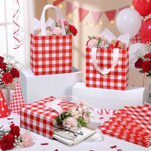 Lingvee 50 Pack Gingham Gift Bag Bulk Red and White Theme Plaid Reusable Tote Bags with Handle Non Woven Candy Bags for Checkered Themed Birthday Baby Shower Christmas Party Decorations Supplies - Image 5