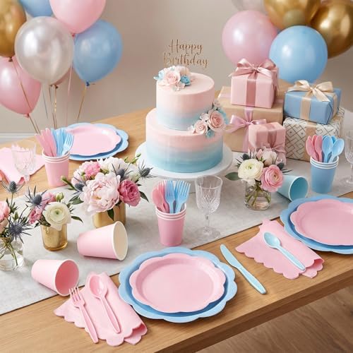 350 Pcs Gender Reveal Party Supplies for 50 Guests, Pink and Blue Paper Plates and Napkins Set with Cups, Knives, Forks & Spoons, Thickened Decagonal Plates for Baby Shower Boy or Girl Celebration - Image 7