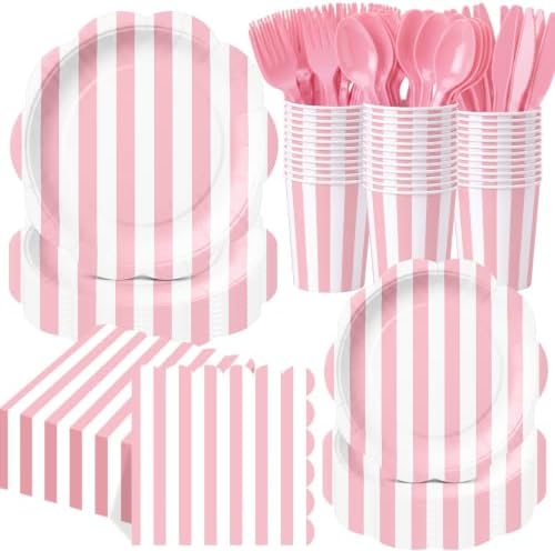 Pickmesh Pink Striped Party Supplies Set, 400 Pcs for 50 Guests by Pickmesh