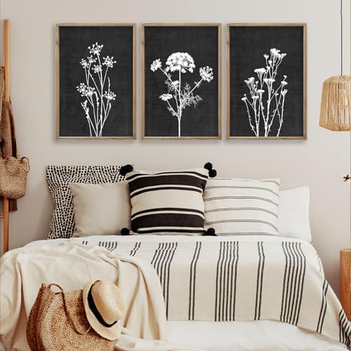 Flower Plant Wall Art Decor 24"x16" Set of 3 Black And White Wood Black - Image 4