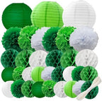 WOLHOWLTD 33 Pcs Green White Paper Lanterns, Pompoms, Honeycomb Decorations for St. Patrick's,Safari,Jungle,Dinosaur Theme Birthday Home Party Decoration(Green White) by Unknown