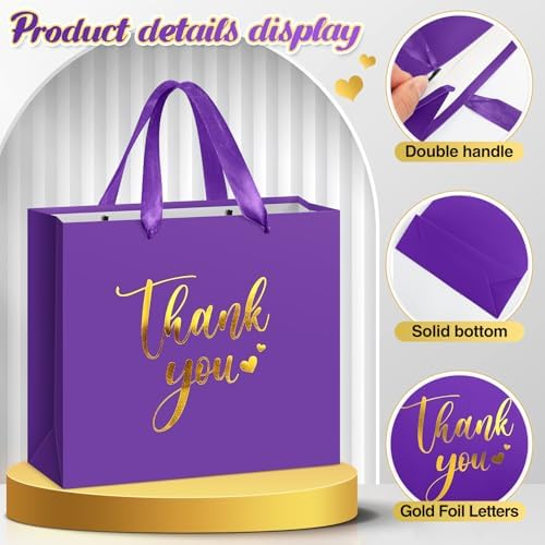 Kolldenn 16 Pcs Thank You Gift Bags Thank You Paper Bags with Handle Wrap Bags Bulk Totes for Birthdays Business Wedding Baby Shower Party Favors(11.81 x 9.84 x 3.94 Inches,Purple) - Image 4